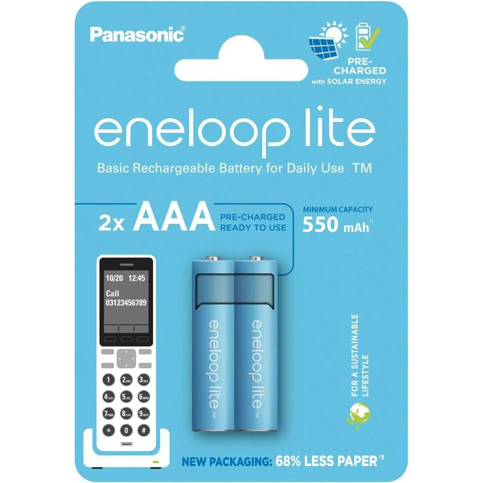 Panasonic Akkus Eneloop Lite BK-4LCCE, AAA 550 MAh, Micro, R3, HR03, NiMH, DECT, 2 Stück 3 Panasonic Akkus Eneloop Lite BK-4LCCE, AAA 550 MAh, Micro, R3, HR03, NiMH, DECT, 2 Stück