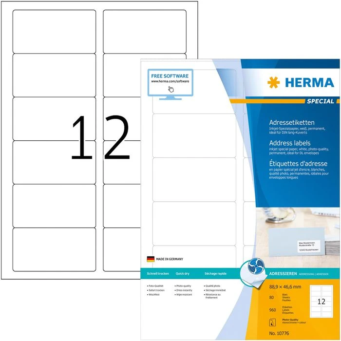 Herma Inkjet-Etiketten 10776, Special, Weiß Matt, 88,9 X 46,6 Mm, Matt, 80 Blatt, 960 Stück 3 Herma Inkjet-Etiketten 10776, Special, Weiß Matt, 88,9 X 46,6 Mm, Matt, 80 Blatt, 960 Stück