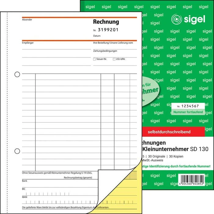 Sigel Rechnungsbuch SD 130 Für Kleinunternehmer A5, Nummeriert, Selbstdurchschreibend, 2 X 30 Blatt 3 Sigel Rechnungsbuch SD 130 Für Kleinunternehmer A5, Nummeriert, Selbstdurchschreibend, 2 X 30 Blatt