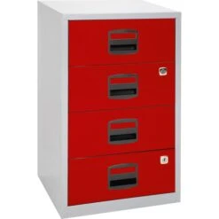 Bisley-Home Standcontainer PFA4S, Grau / Rot, Aus Metall, Mit 4 Schubladen, Abschließbar